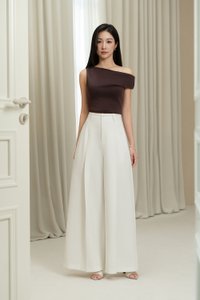 Eula Padded Asymmetrical Shoulder Crop Top in Plum Brown