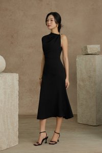 Iona Asymmetrical Shoulder Dress in Classic Black