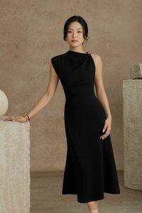 Iona Asymmetrical Shoulder Dress in Classic Black