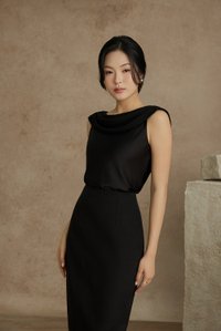 Julia Cowl Drape Satin Top in Classic Black