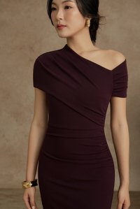 Noa Padded Asymmetrical Neckline Pencil Dress in Deep Burgundy