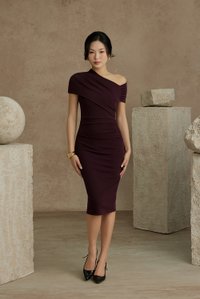 Noa Padded Asymmetrical Neckline Pencil Dress in Deep Burgundy