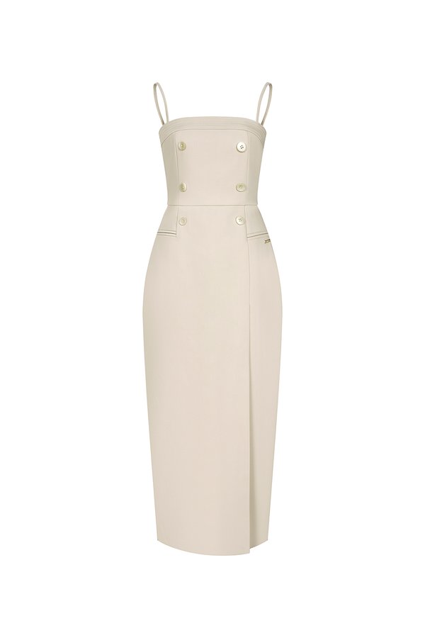 Amora Padded Strappy Tailored Pencil Dress in Greige