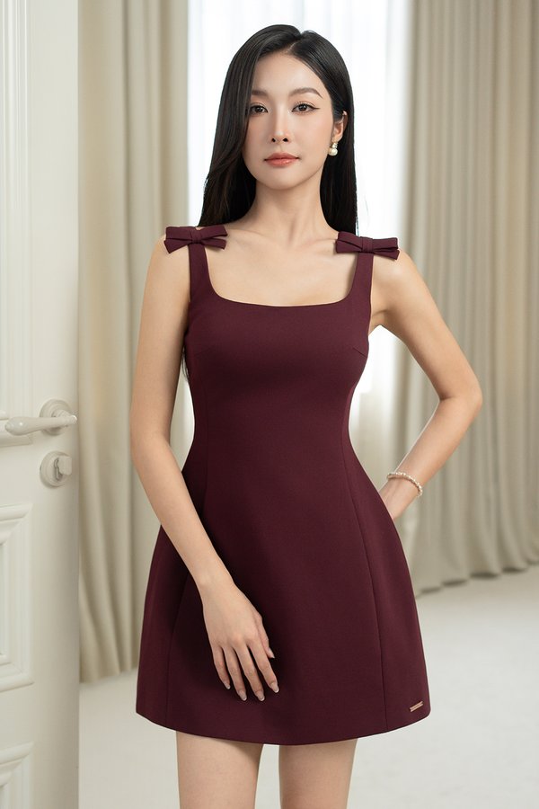 Blanche Padded Bow Straps Mini Dress in Wine Red