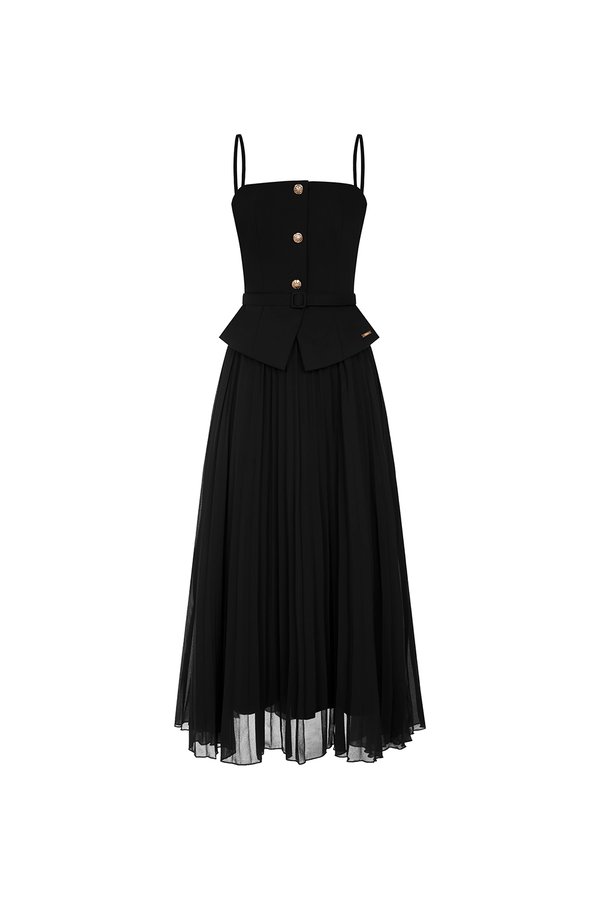 Cyrille Padded Peplum Pleated Dress in Classic Black
