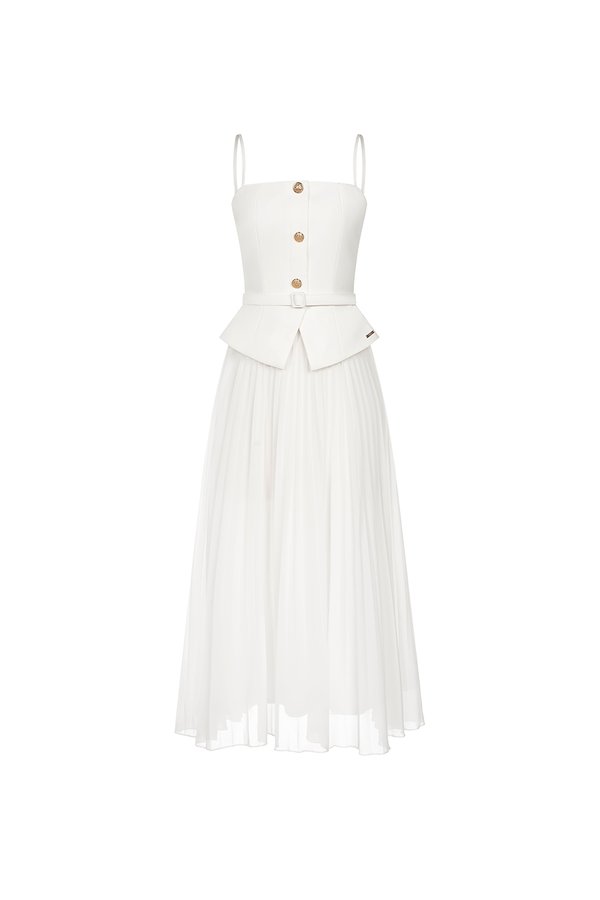 Cyrille Padded Peplum Pleated Dress in Iconic White