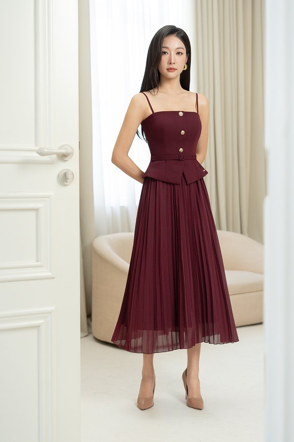 Cyrille Padded Peplum Pleated Dress in Wine Red