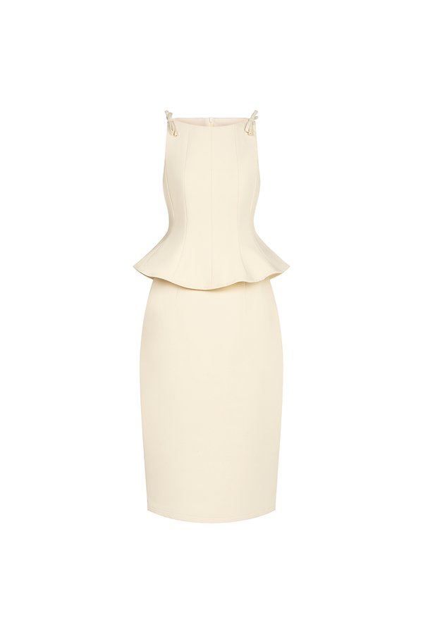 Darlene Padded Bow Peplum Pencil Dress in Cream