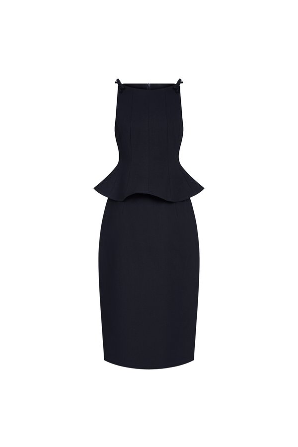 Darlene Padded Bow Peplum Pencil Dress in Midnight Blue