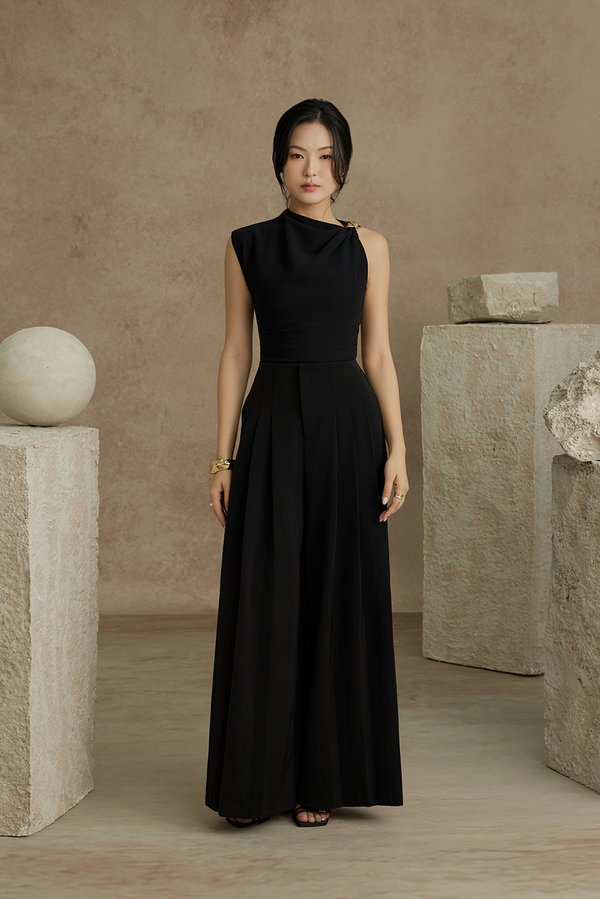 Deonna Wide Leg Pants With Pleats in Classic Black