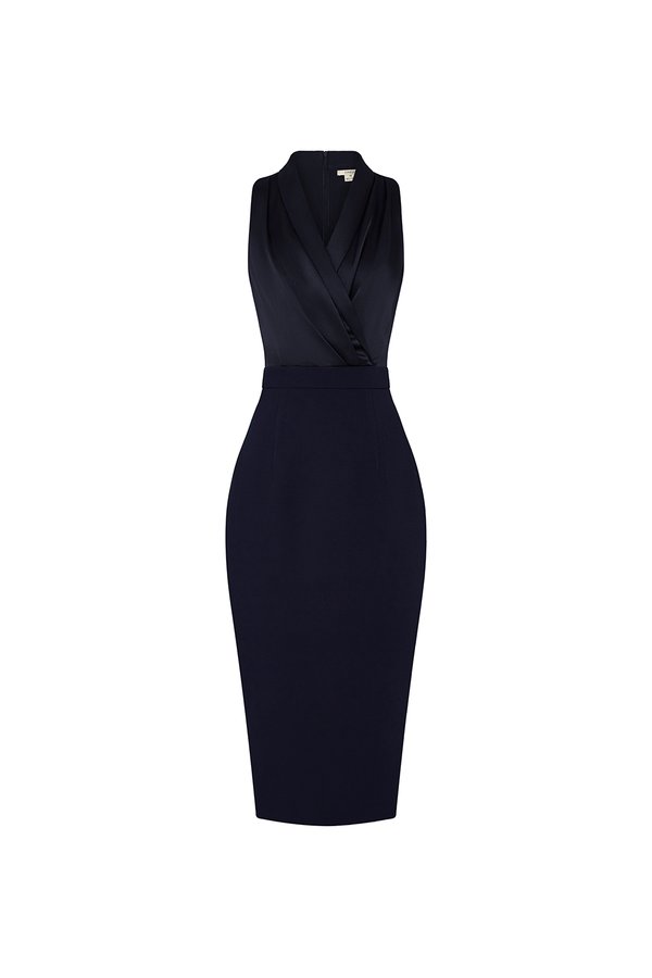 Ethel Satin Wrap Pencil Dress in Navy Blue