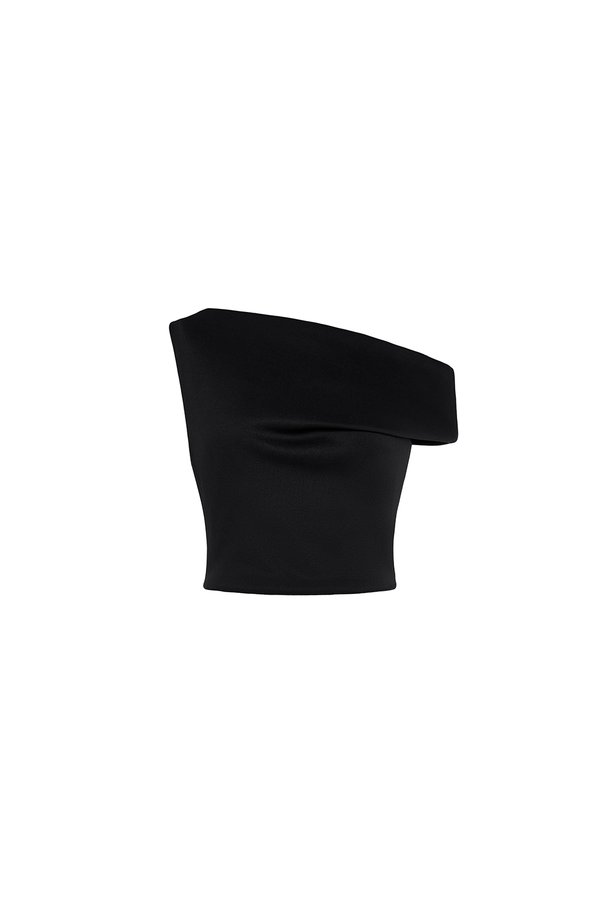 Eula Padded Asymmetrical Shoulder Crop Top in Classic Black