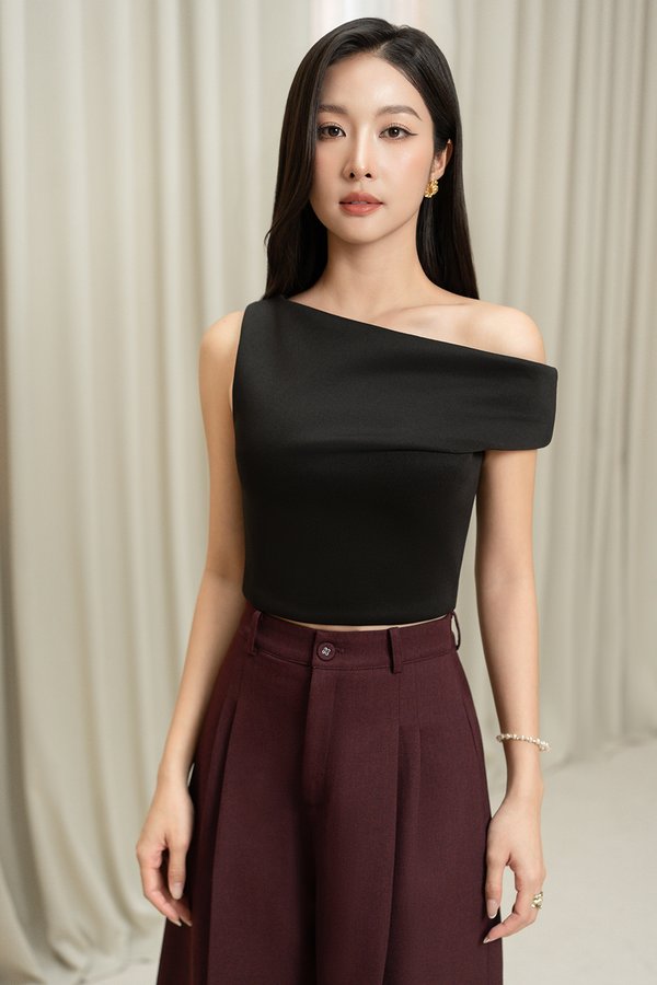 Eula Padded Asymmetrical Shoulder Crop Top in Classic Black