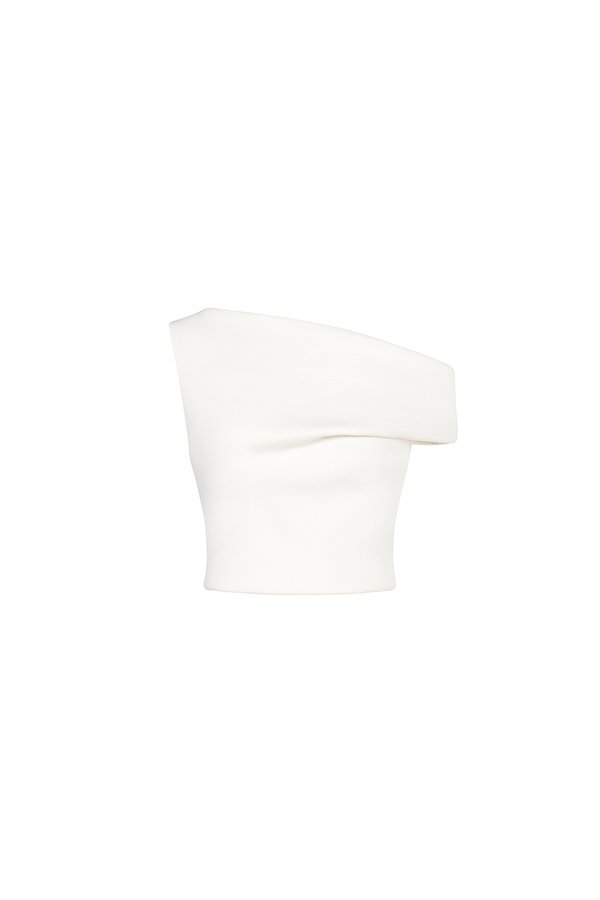 Eula Padded Asymmetrical Shoulder Crop Top in Iconic White