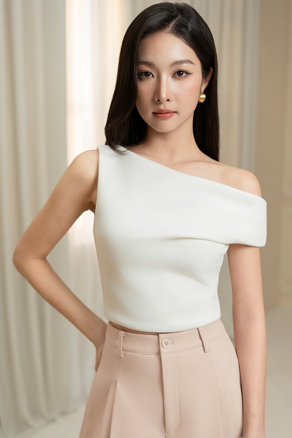 Eula Padded Asymmetrical Shoulder Crop Top in Iconic White