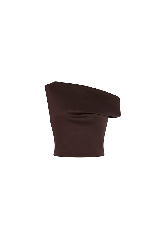 Eula Padded Asymmetrical Shoulder Crop Top in Plum Brown