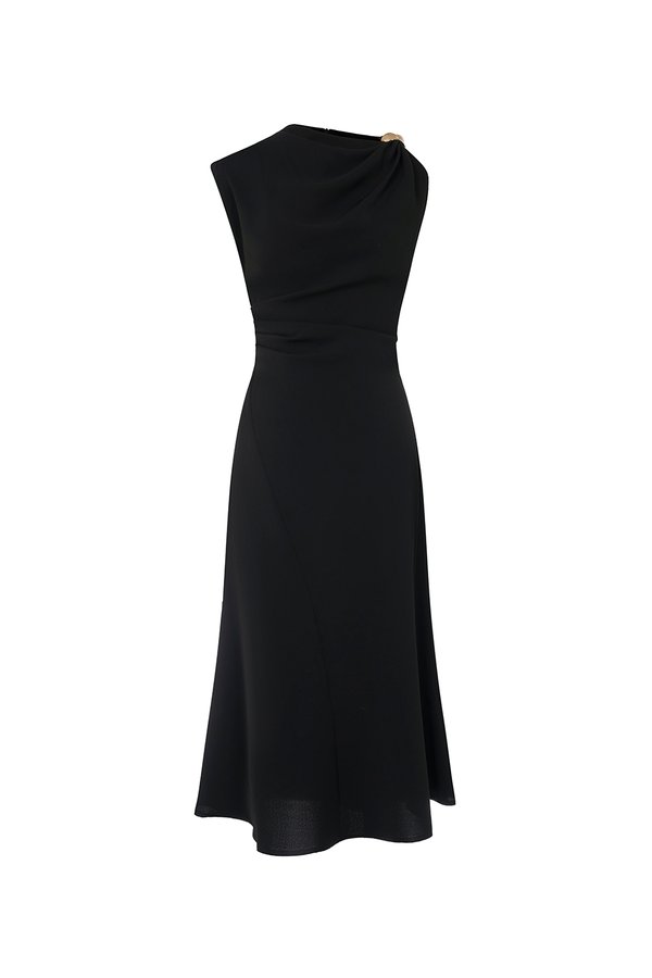 Iona Asymmetrical Shoulder Dress in Classic Black