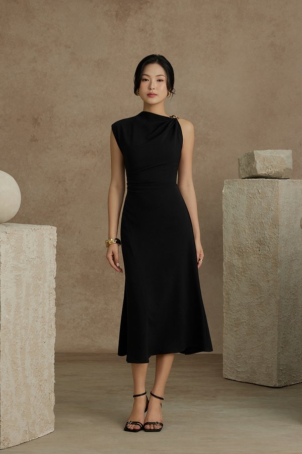 Iona Asymmetrical Shoulder Dress in Classic Black