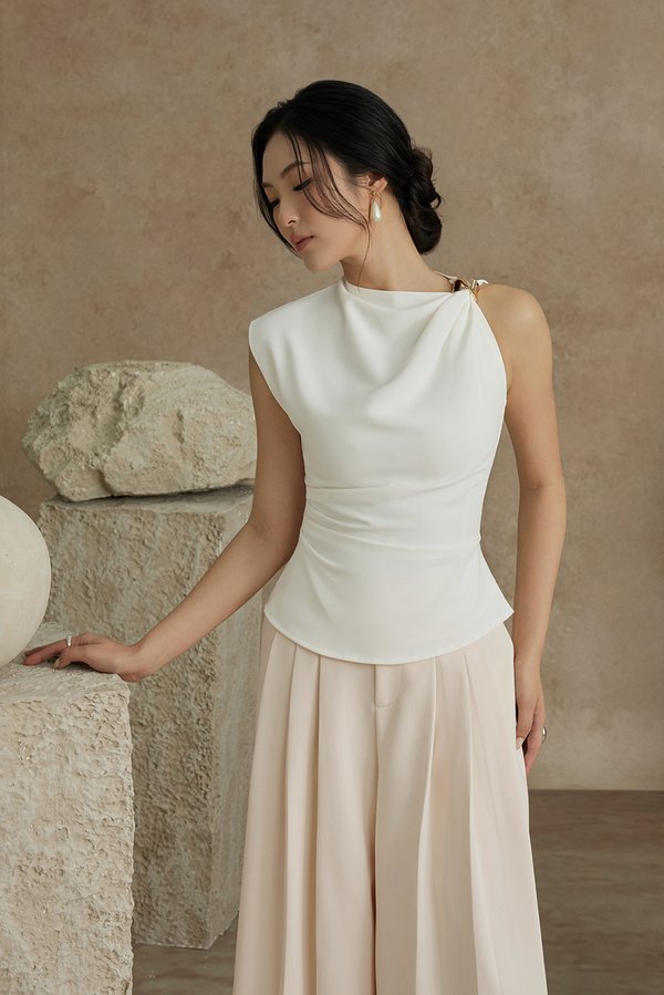 Isa Asymmetrical Shoulder Drape Top in Iconic White