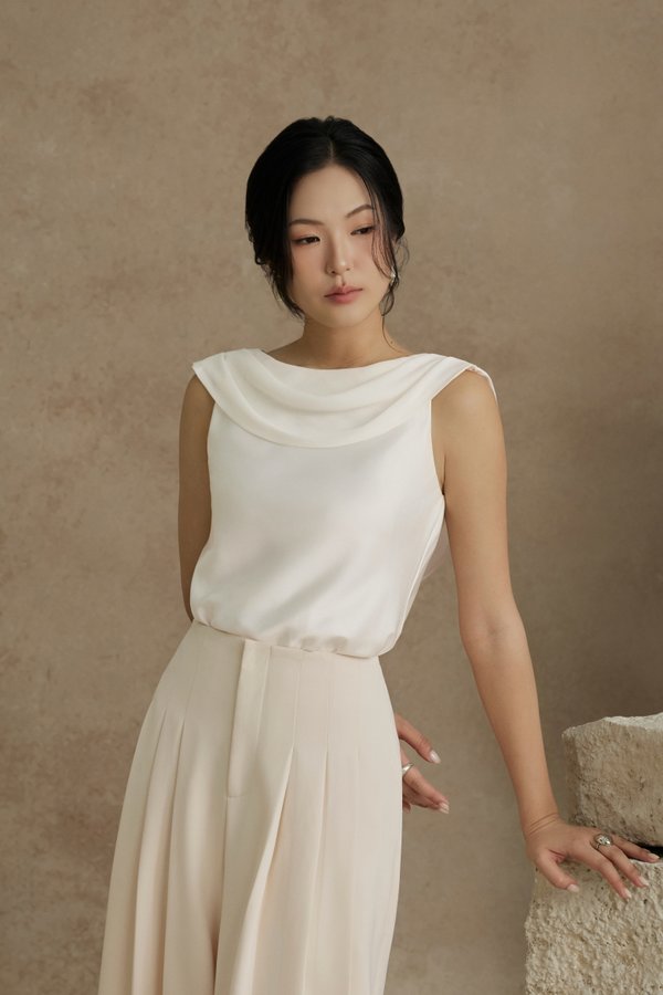 Julia Cowl Drape Satin Top in Iconic White
