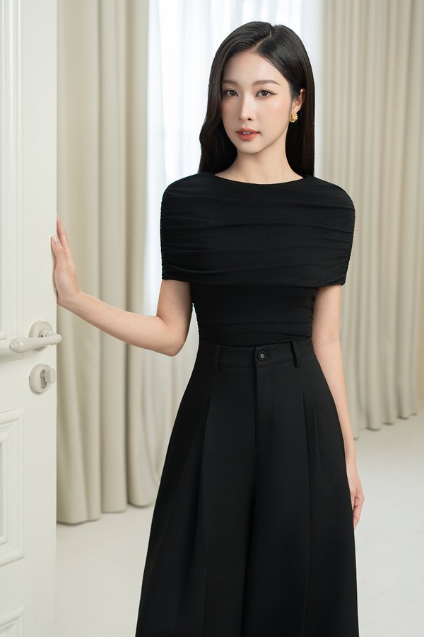Monica Ruched Cape Jersey Top in Classic Black