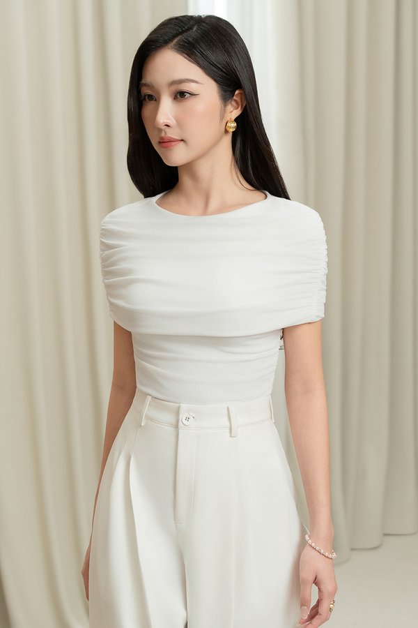 Monica Ruched Cape Jersey Top in Iconic White
