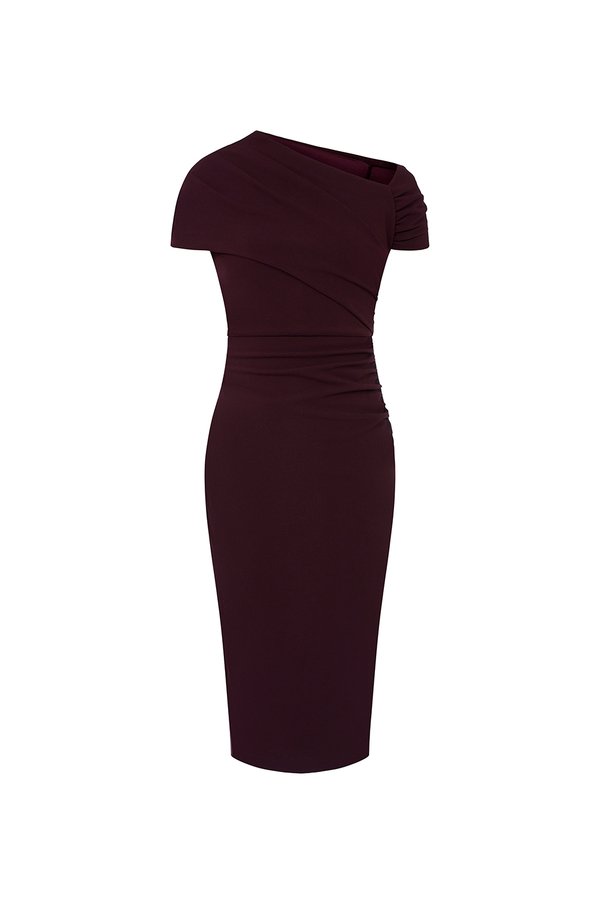 Noa Padded Asymmetrical Neckline Pencil Dress in Deep Burgundy