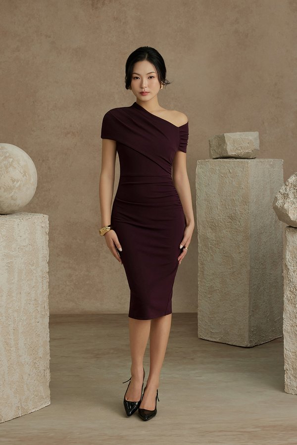 Noa Padded Asymmetrical Neckline Pencil Dress in Deep Burgundy