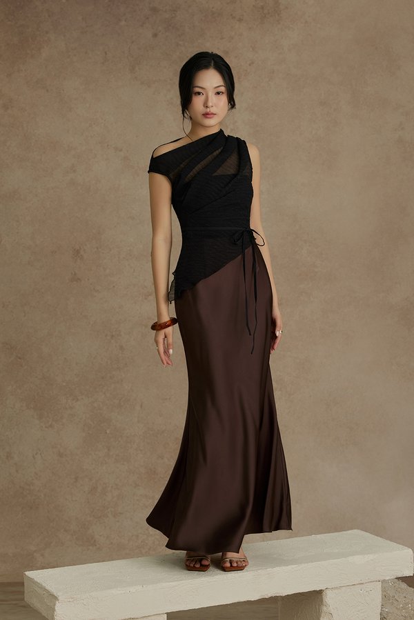 Nyla Satin Mermaid Skirt in Chocolate