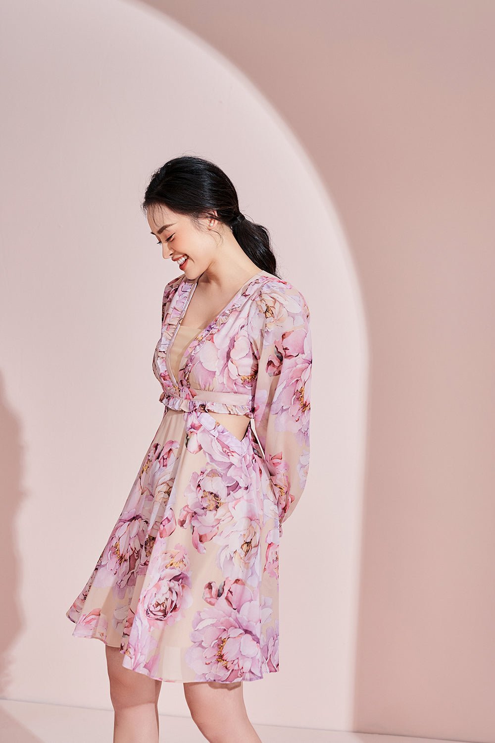 Aiko Cut-Out Mini Dress in Peony/Nude Blush