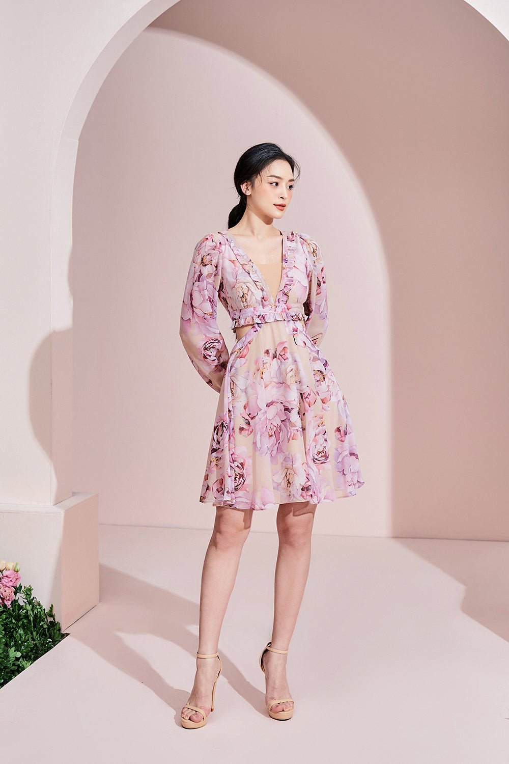 Aiko Cut-Out Mini Dress in Peony/Nude Blush