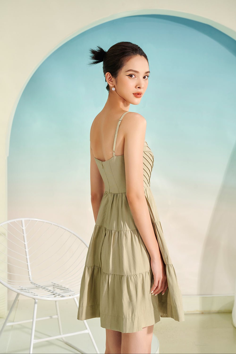 Aldina Pintuck Mini Dress in Soothing Green