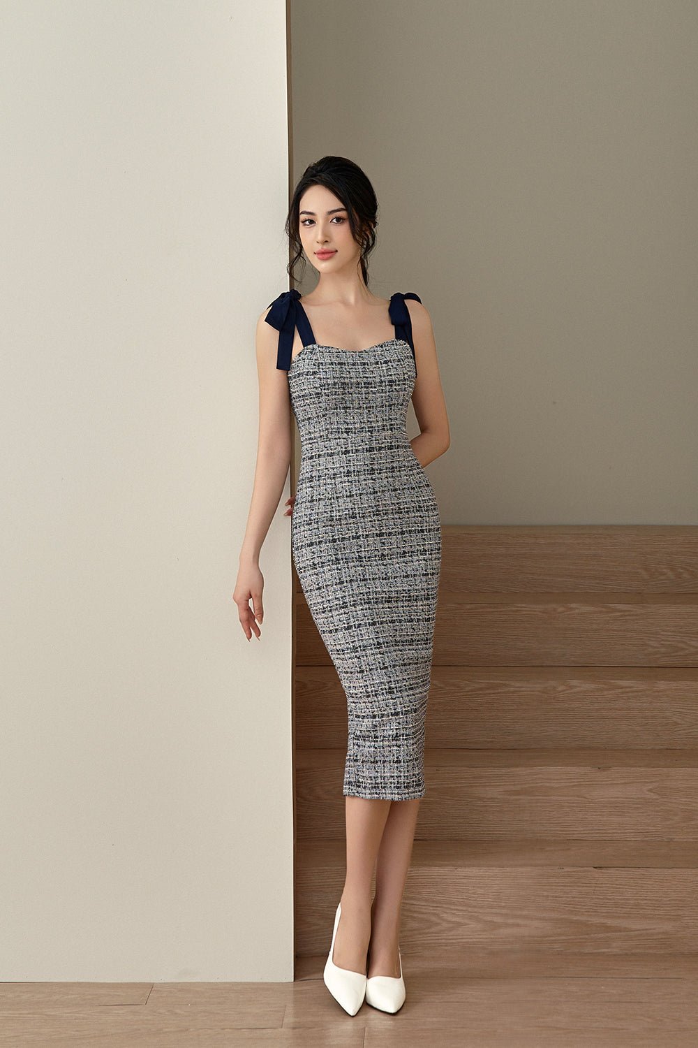 Alexiel Ribbon Strap Fitted Dress in Dark Navy Tweed
