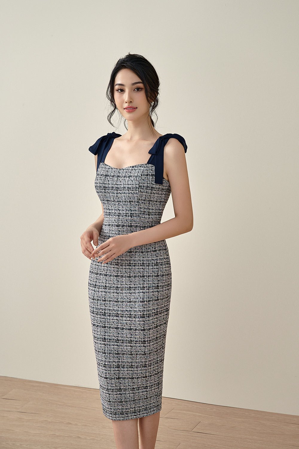 Alexiel Ribbon Strap Fitted Dress in Dark Navy Tweed