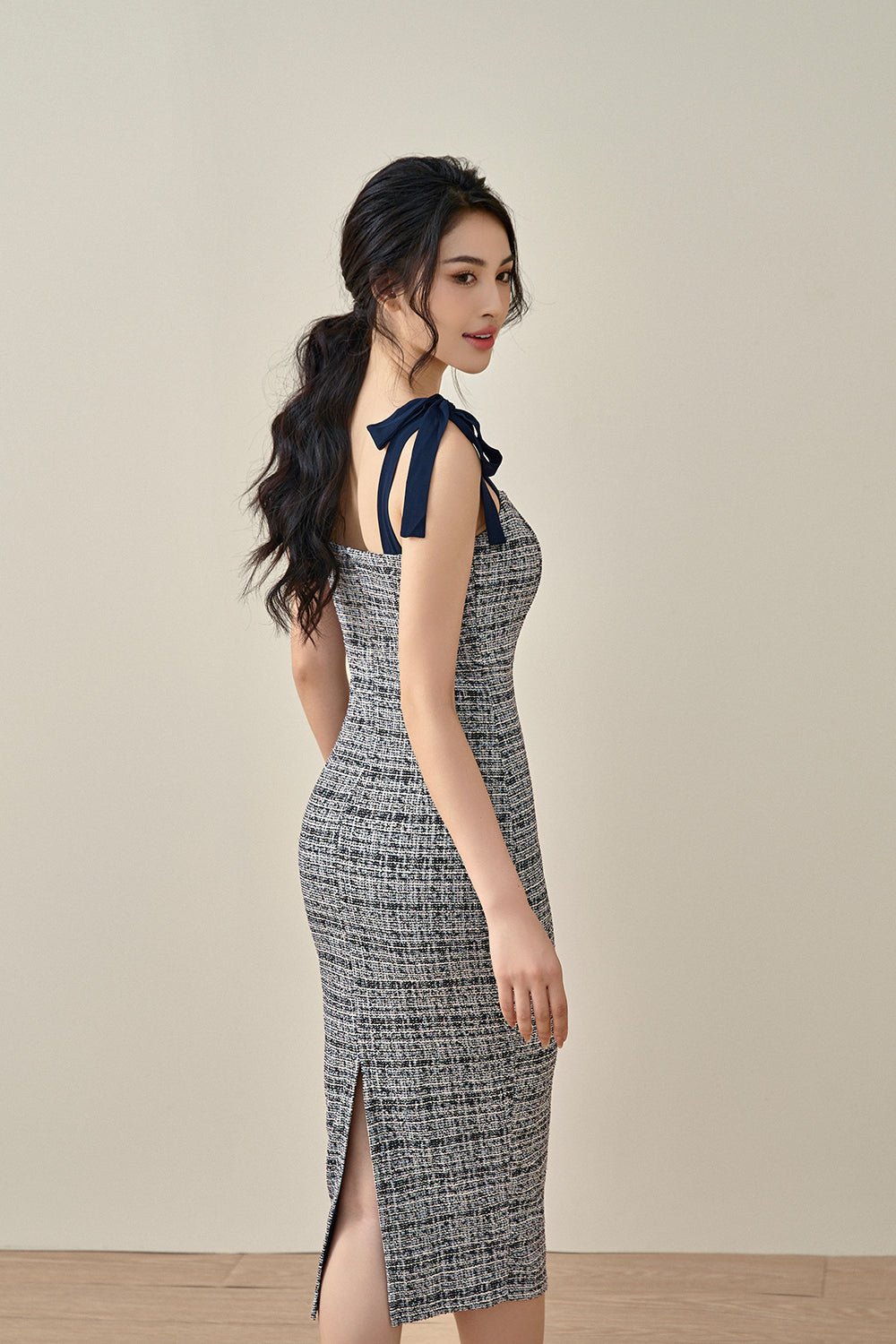 Alexiel Ribbon Strap Fitted Dress in Dark Navy Tweed