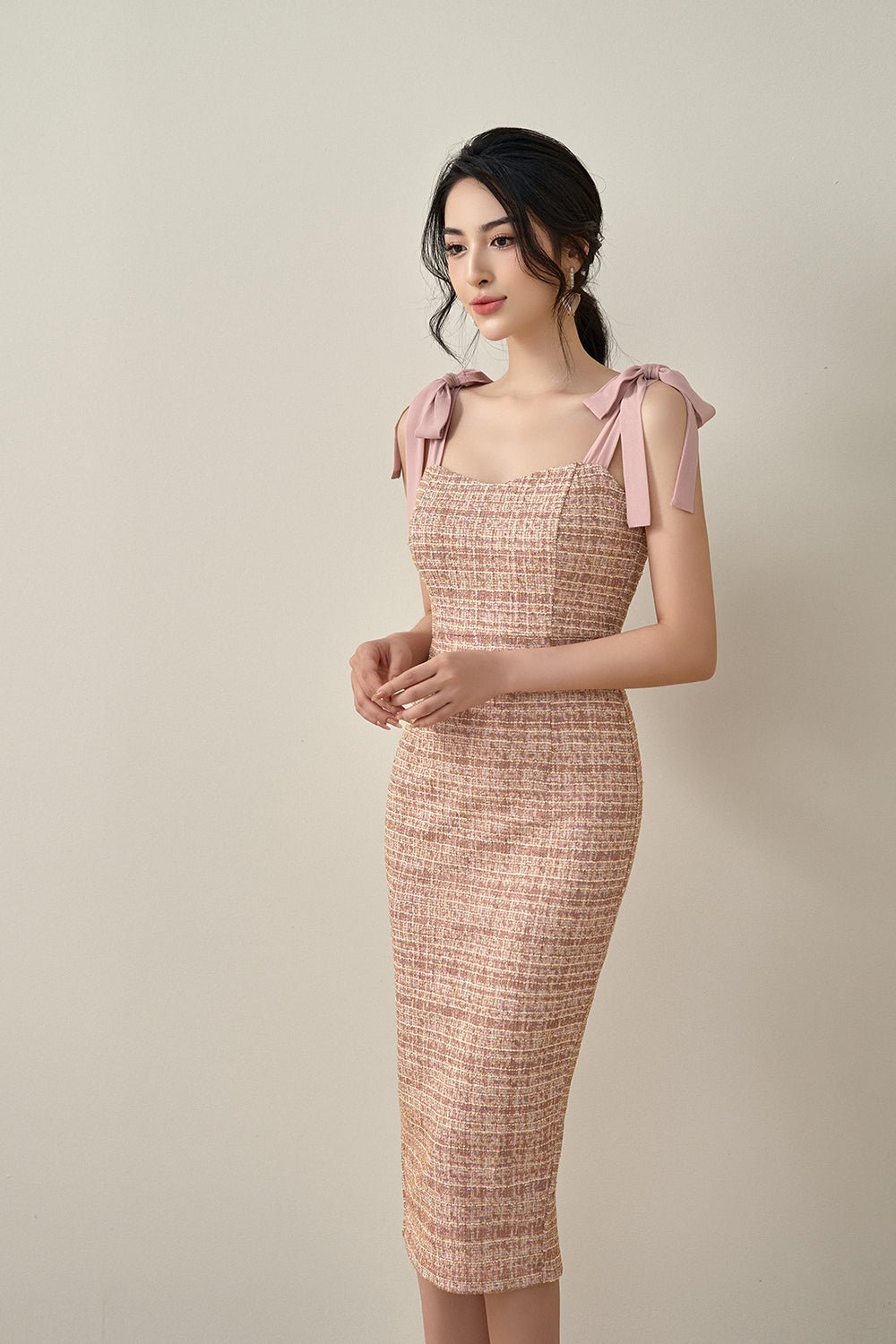 Alexiel Ribbon Strap Fitted Dress in Rose Tweed