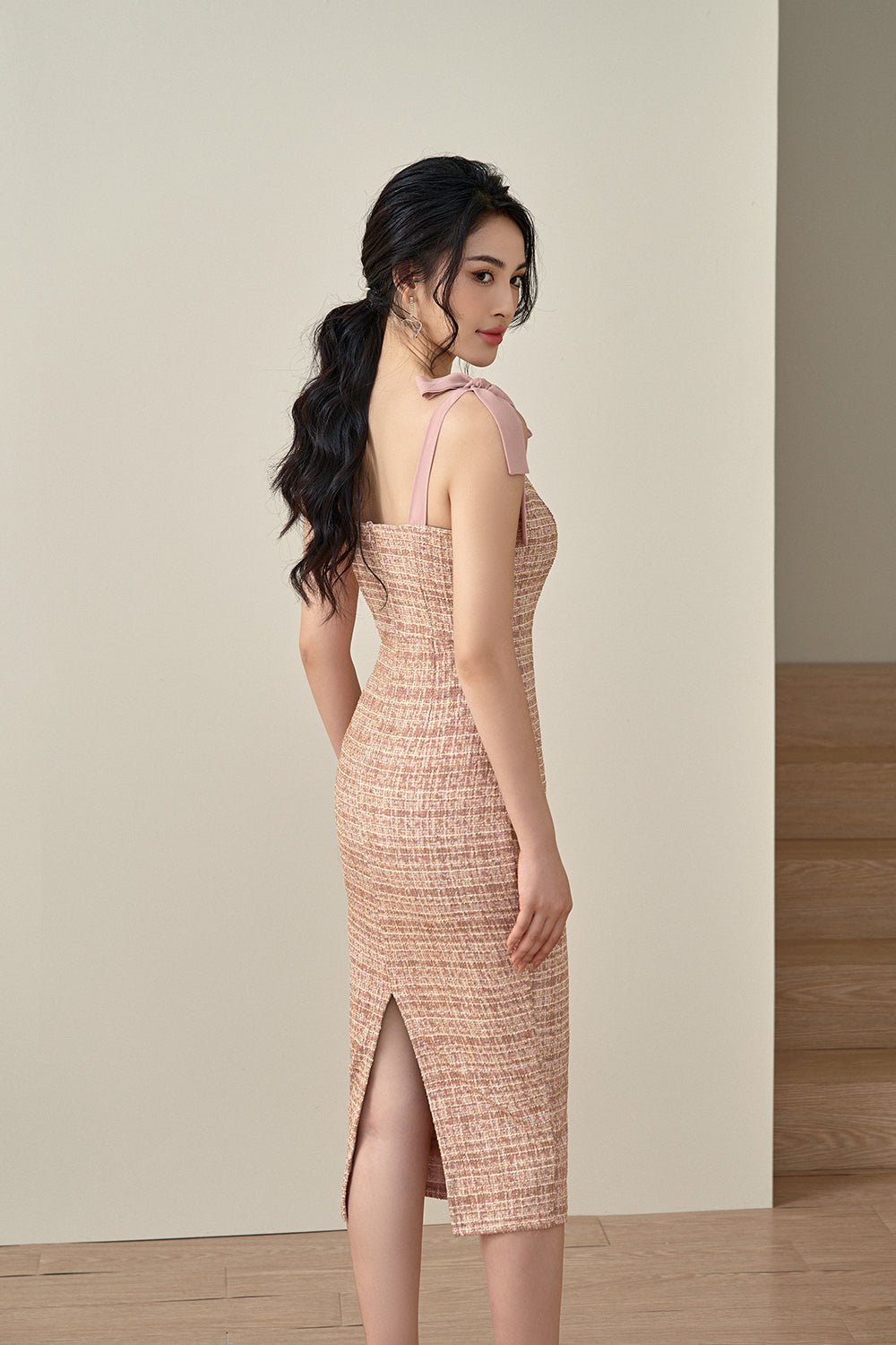 Alexiel Ribbon Strap Fitted Dress in Rose Tweed
