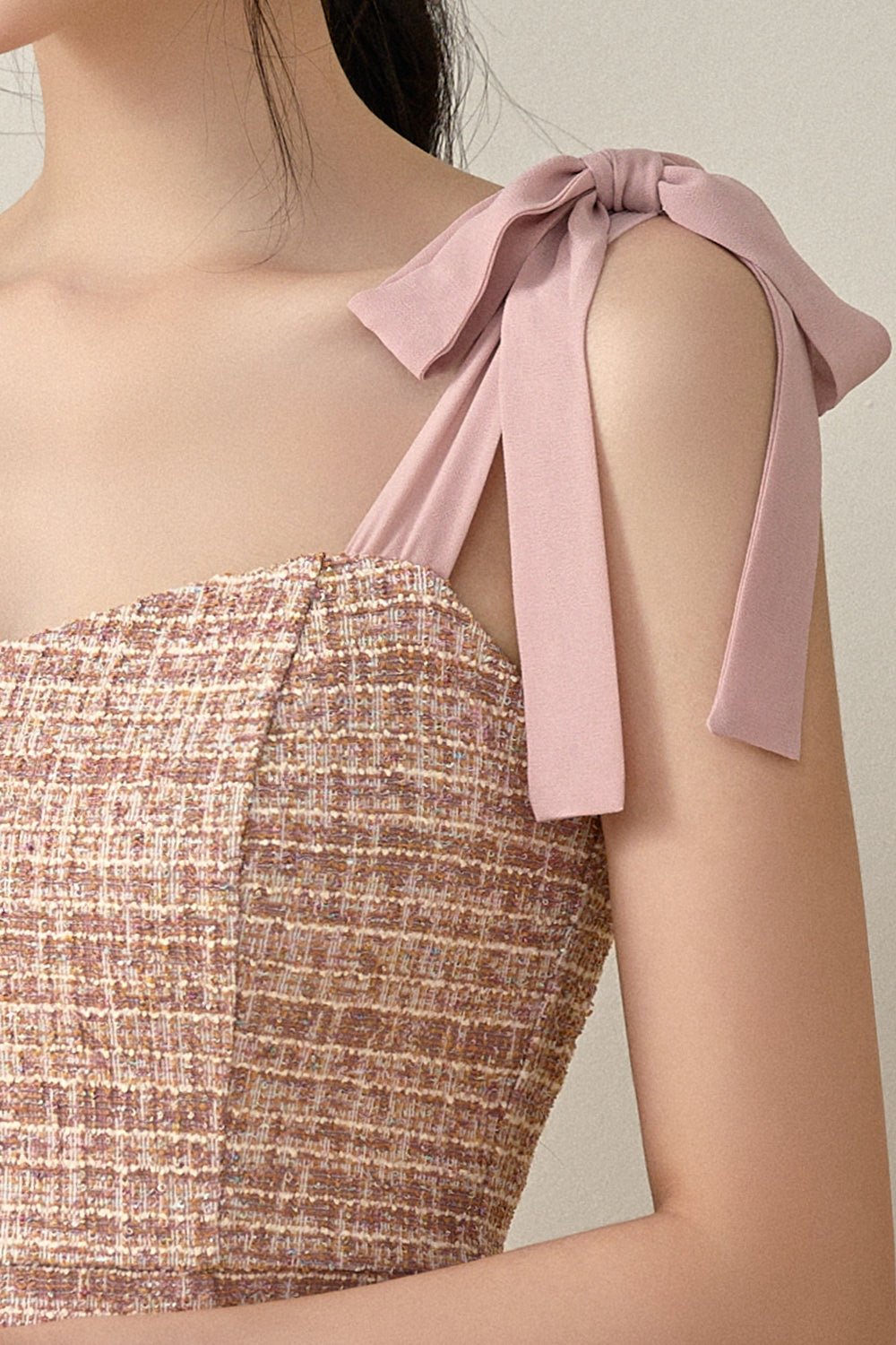 Alexiel Ribbon Strap Fitted Dress in Rose Tweed