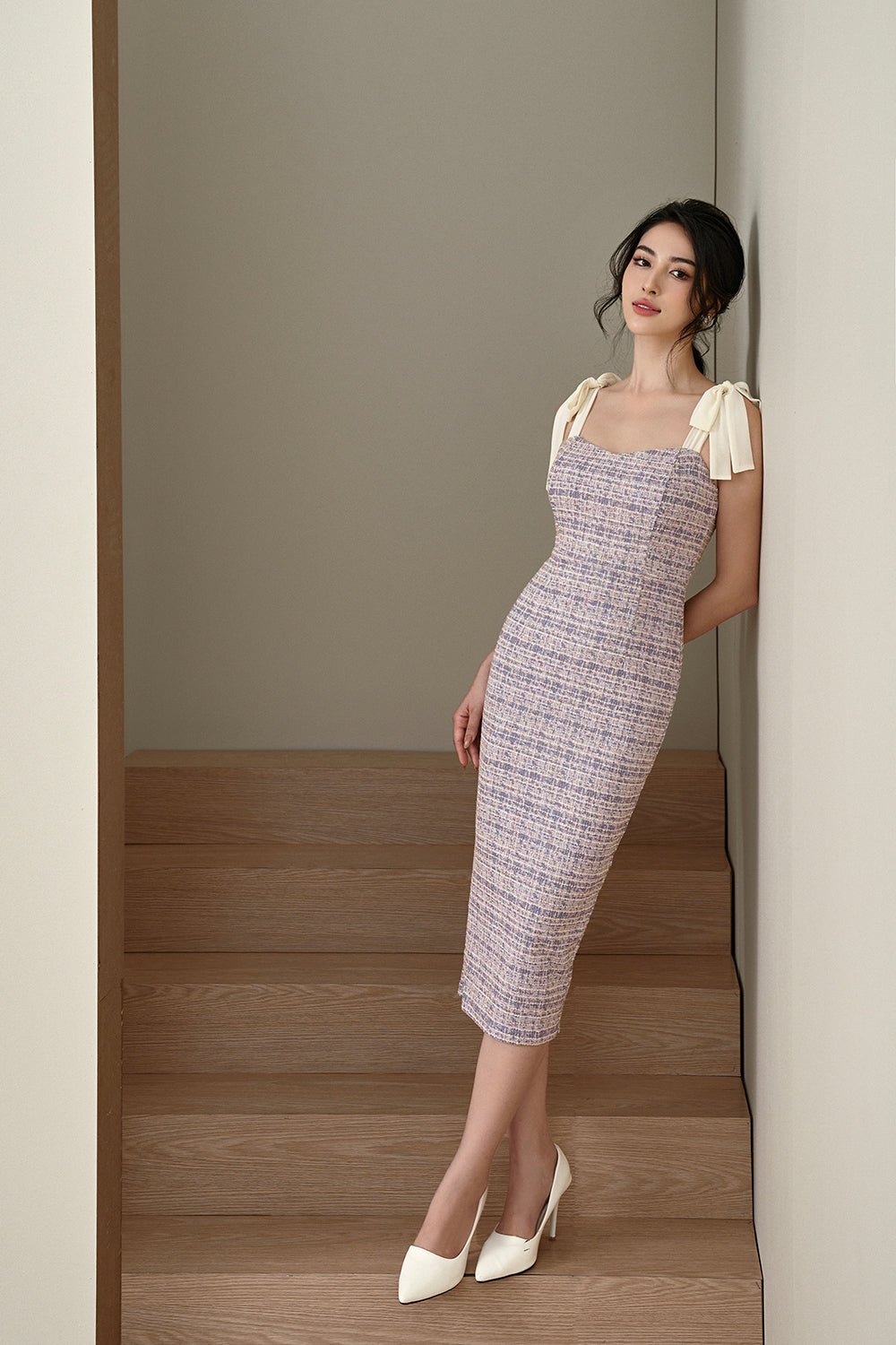 Alexiel Ribbon Strap Fitted Dress in Violet Tweed