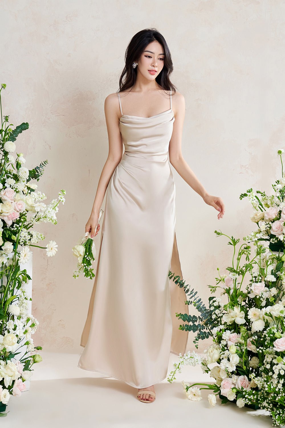 Artemis Ethereal Cowl Ruched Maxi Dress in Champagne