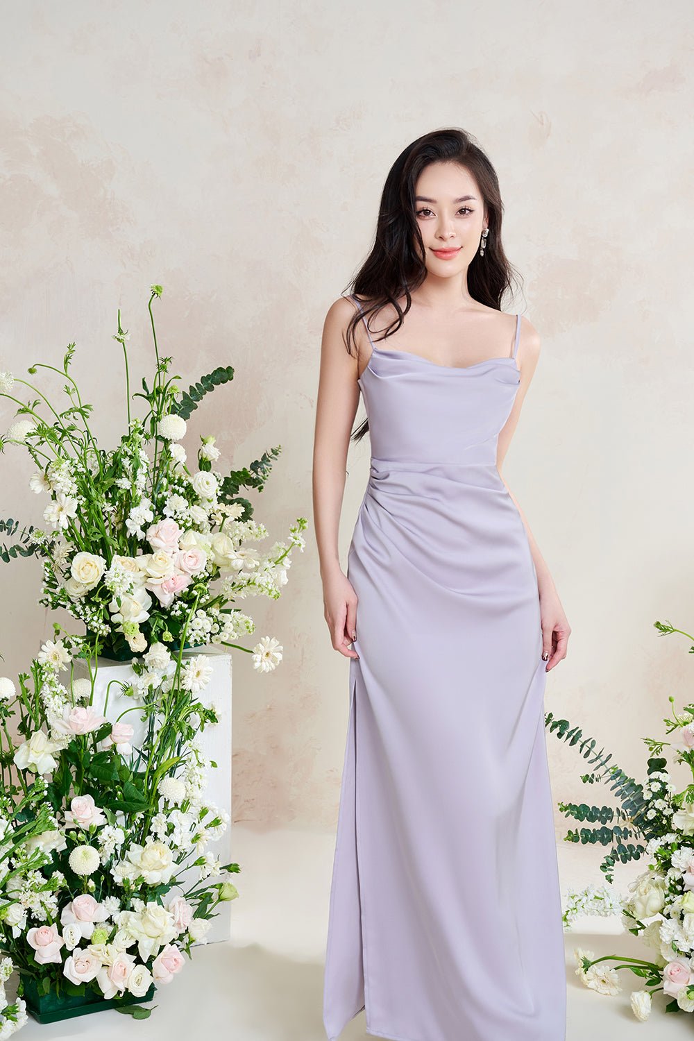 Artemis Ethereal Cowl Ruched Maxi Dress in Lavender