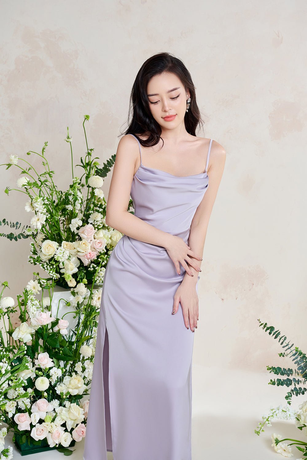 Artemis Ethereal Cowl Ruched Maxi Dress in Lavender