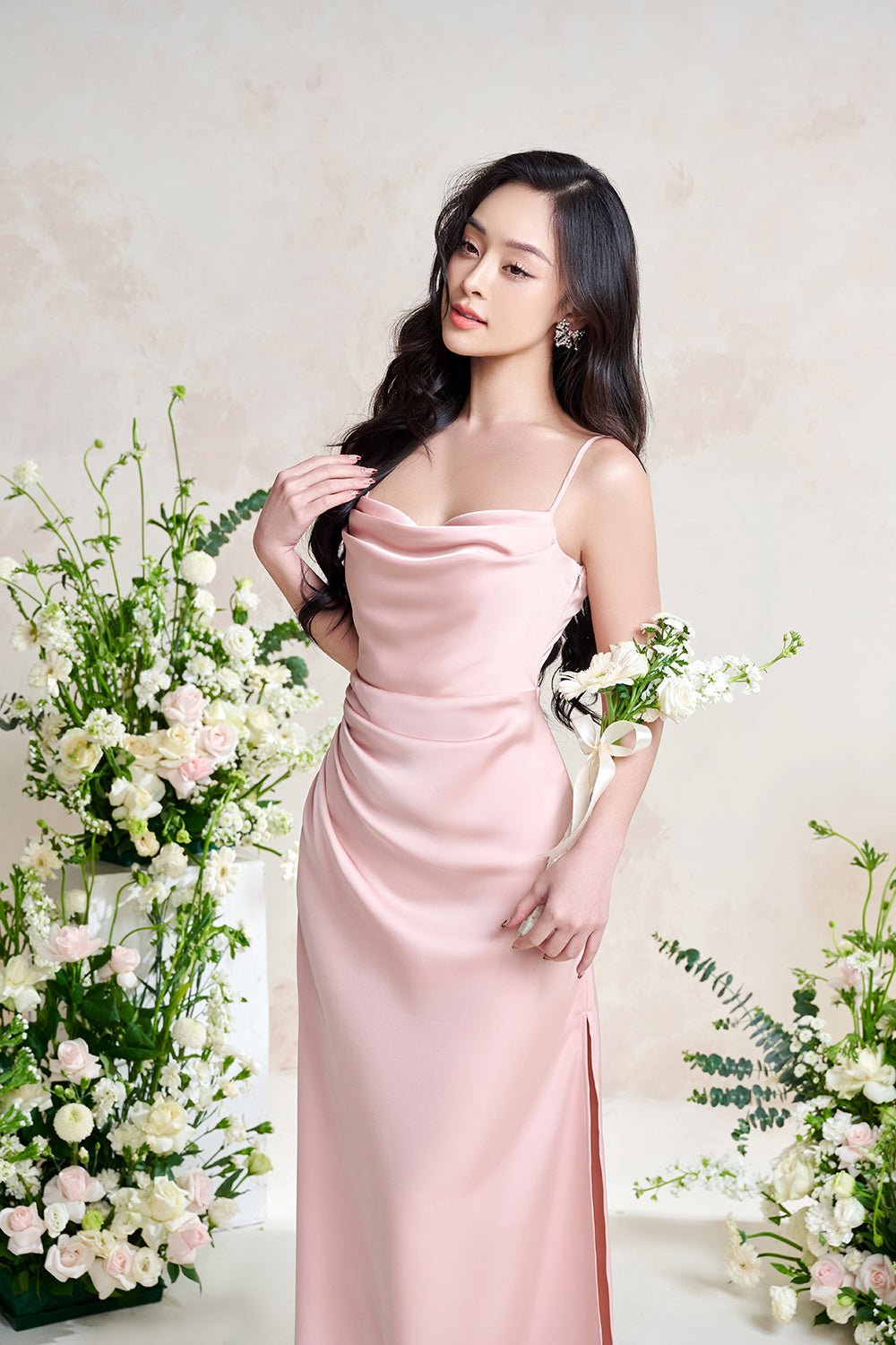 Artemis Ethereal Cowl Ruched Maxi Dress in Rose