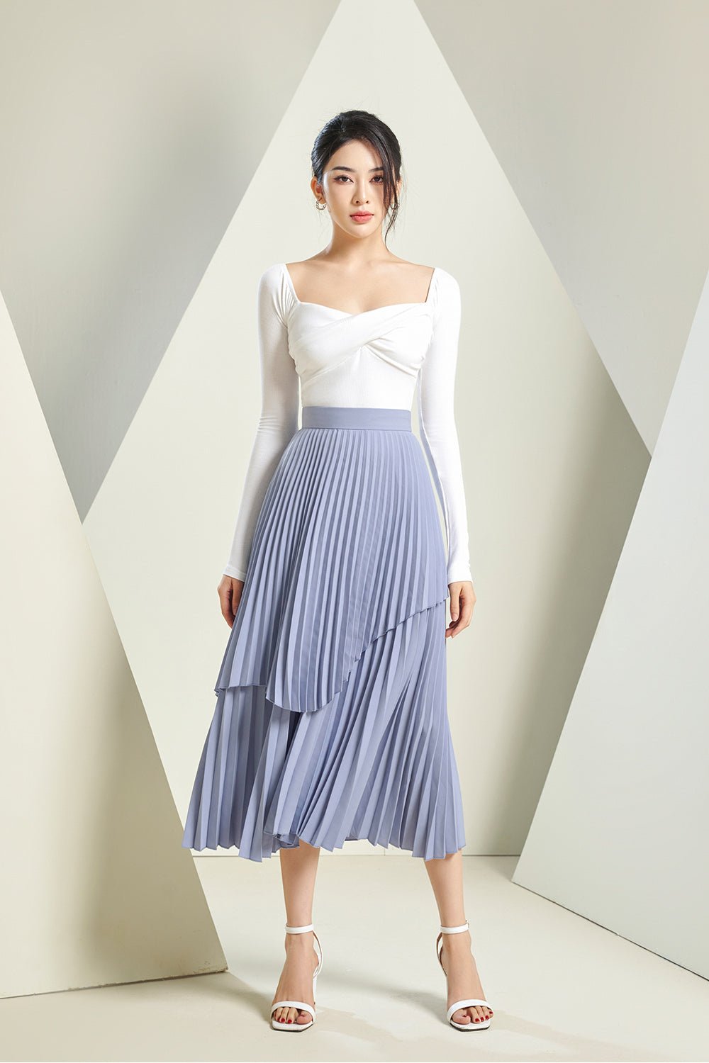 Arya Pleated Midi Skirt in Matte Frost Blue
