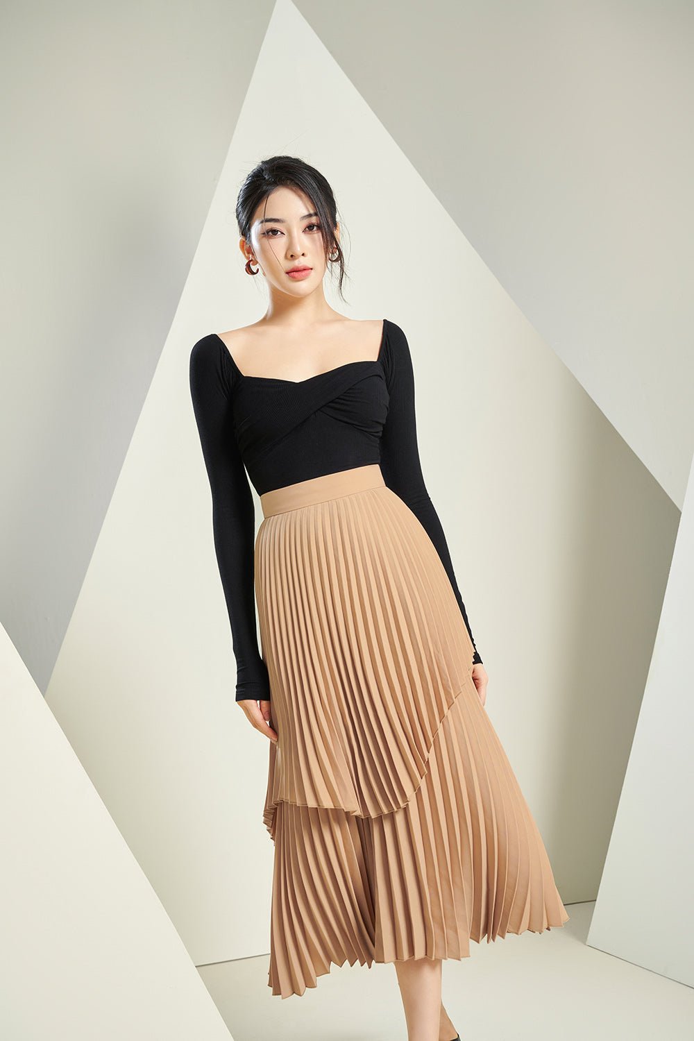 Arya Pleated Midi Skirt in Matte Nude Beige