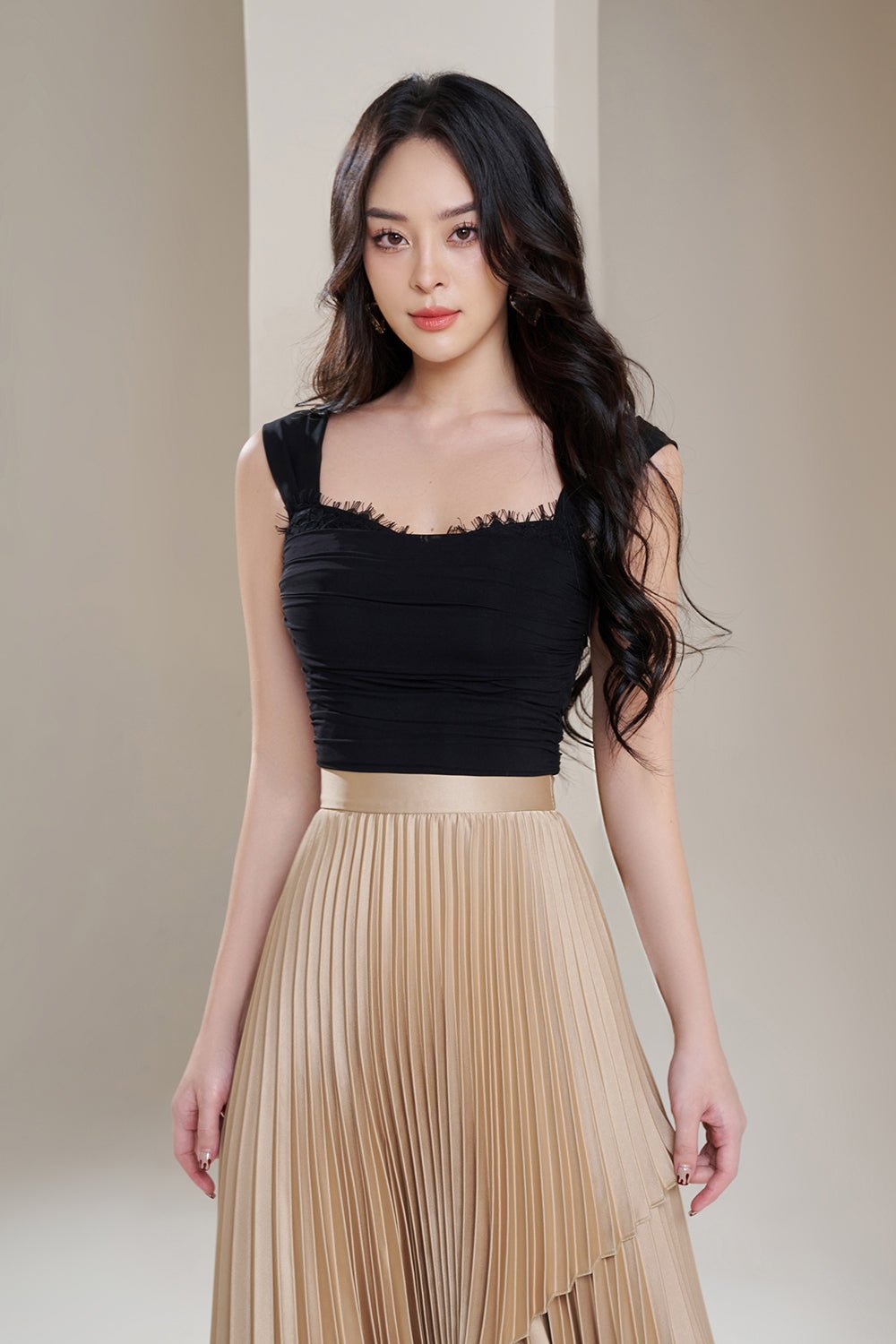 Carla Padded Ruched Mesh & Lace Top in Classic Black