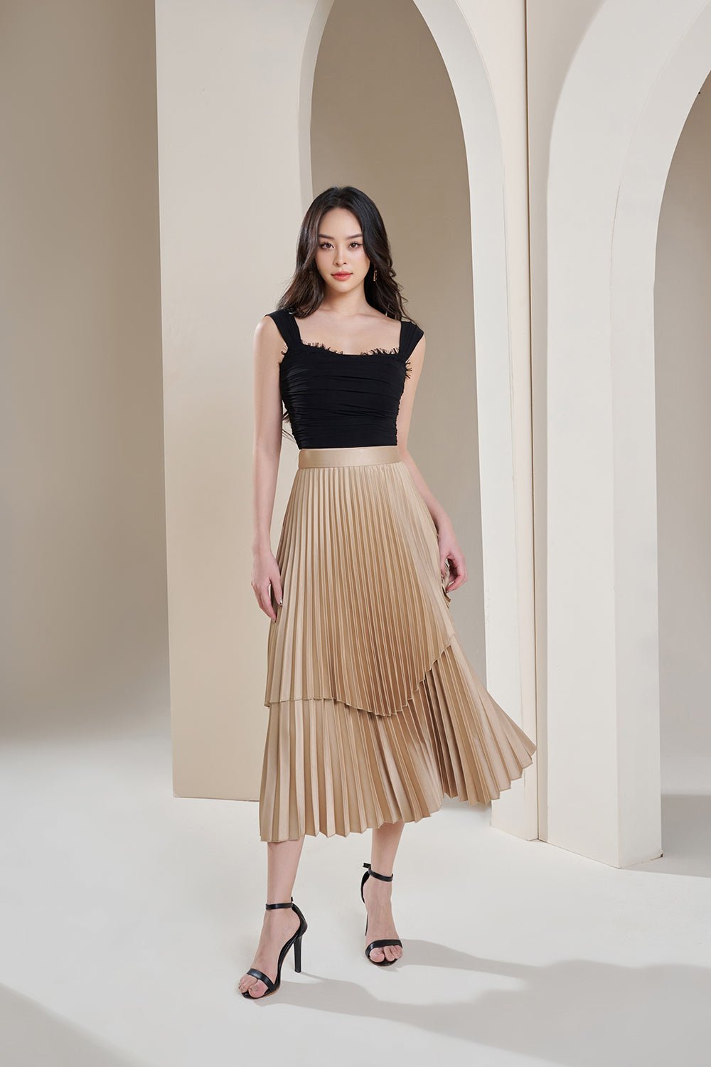 Arya Silky Pleated Midi Skirt in Titanium Blue