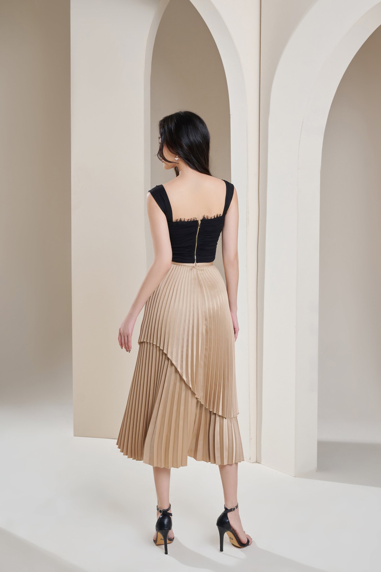 Arya Silky Pleated Midi Skirt in Pearl