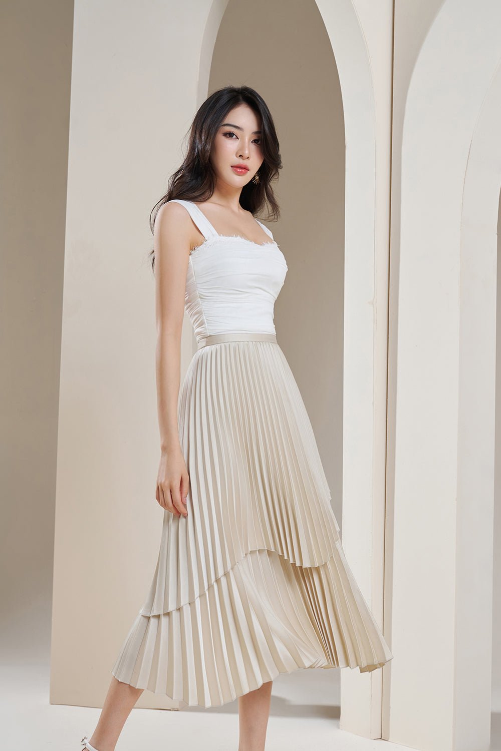 Arya Silky Pleated Midi Skirt in Pearl