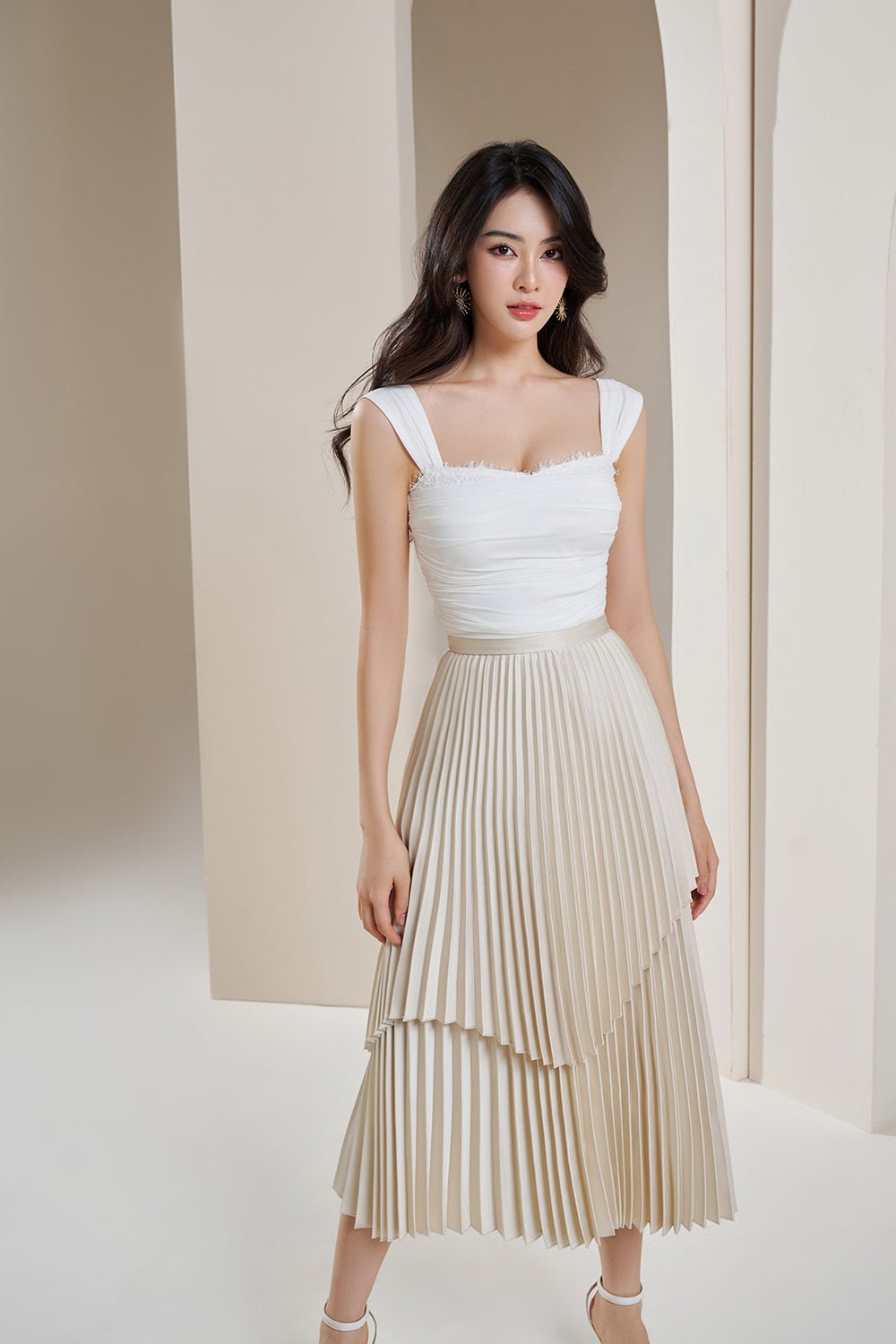 Arya Silky Pleated Midi Skirt in Pearl